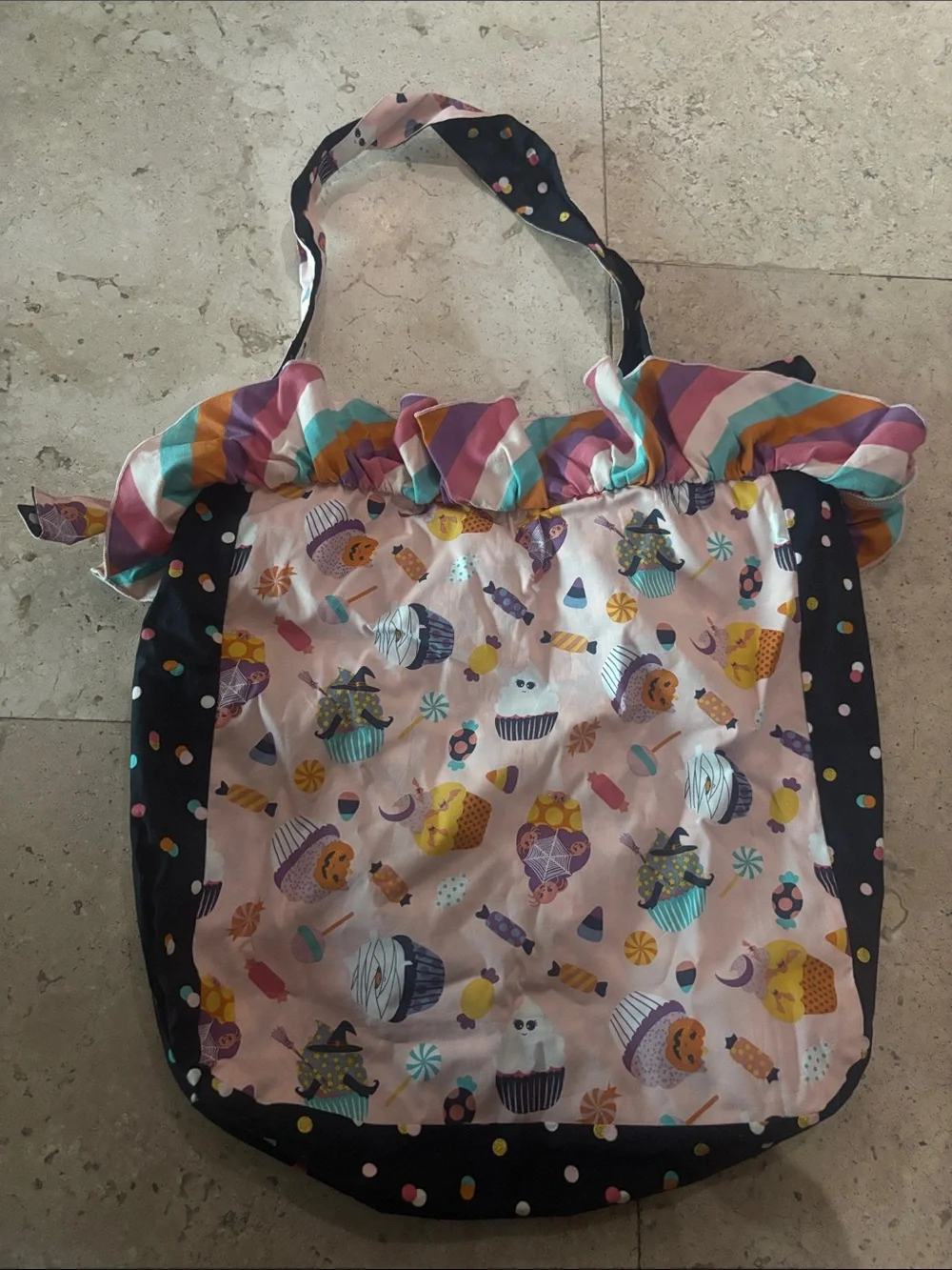 Matilda Jane Multicolor Cupcake Ruffle Tote with Mustard Front Pocket